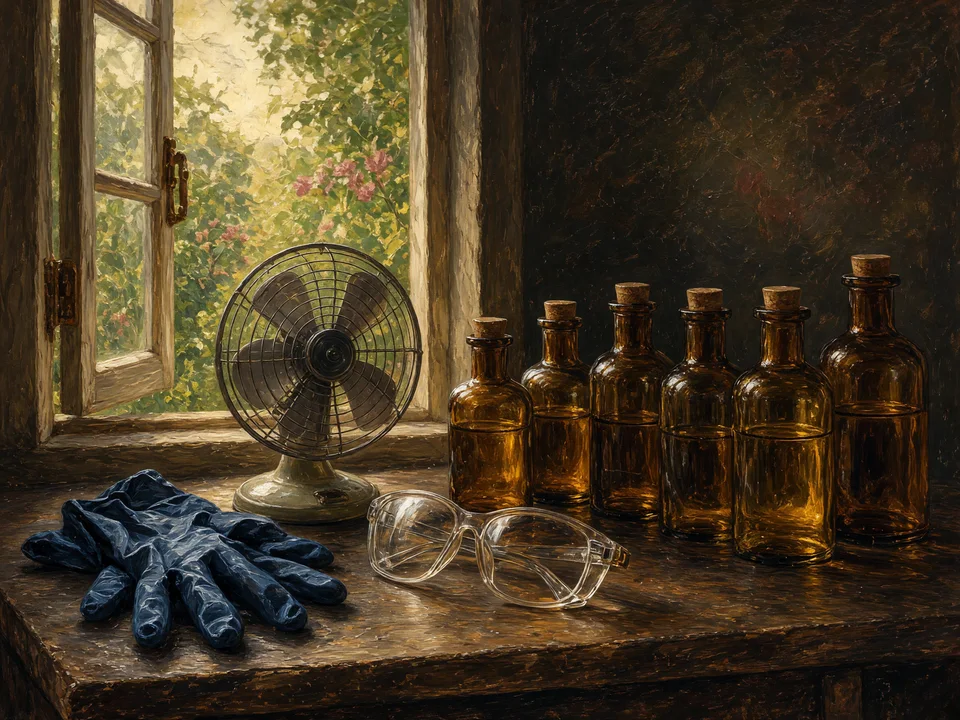 Gloves, goggles, an open window and labeled bottles: a good workshop starts with safety.